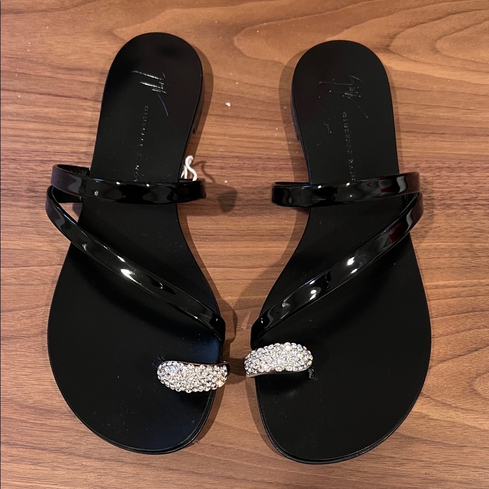 Giuseppe Zanotti Black Sandals with Crystal Toe Detail (new - never worn)